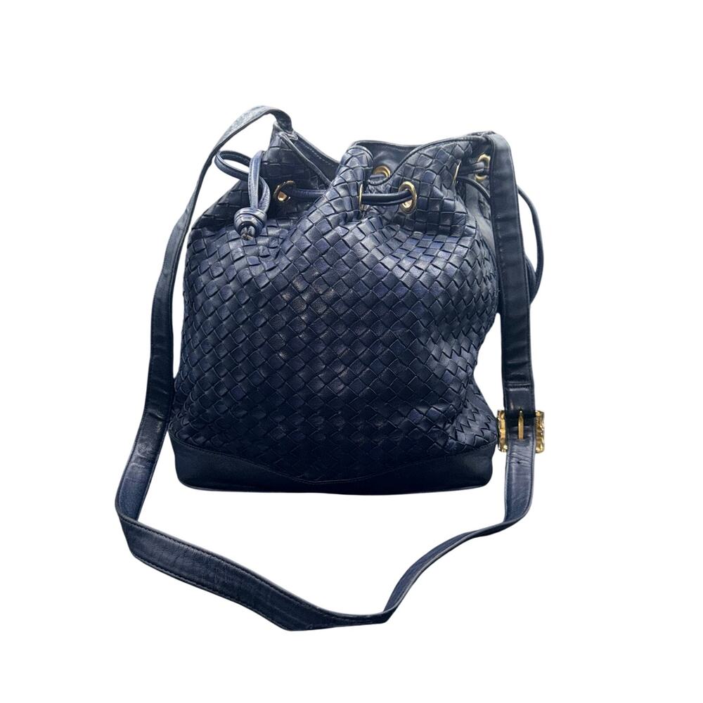 Valerie Stevens Woven Leather Bucket Bag Navy Blue Drawstring Crossbody Shoulder